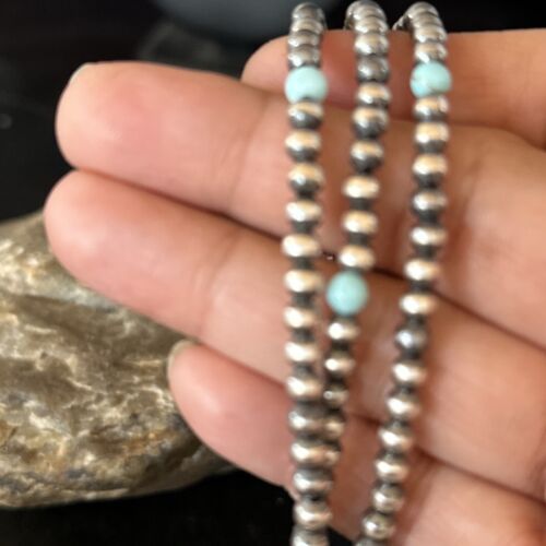 Navajo Pearls Blue Turquoise Bracelet | Sterling Silver | 3-Strand | Authentic Native American Handmade | 13588