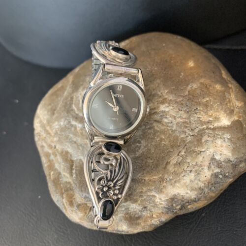 Authentic Navajo Sterling Silver Watch Tips with Black Onyx Band | Women's Feather Design | Native American Jewelry | 14042