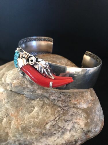Navajo Spider Web Turquoise Coral Bracelet | Sterling Silver | Authentic Native American Handmade | 11716