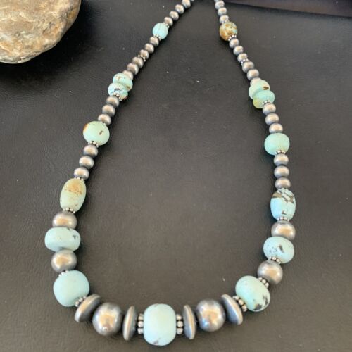 Navajo Pearl Dry Creek Turquoise Beads Necklace | Sterling Silver | 21" | Authentic Native American Handmade | 10978