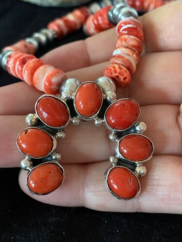 Navajo Spiny Oyster & Coral Naja Pendant | Authentic Native American Sterling Silver | Naja | 4682