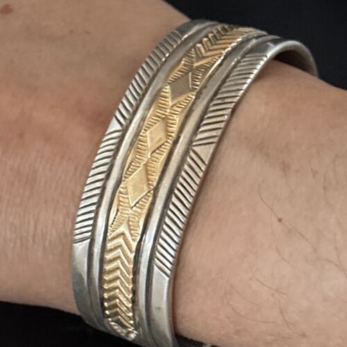 Men's Navajo Handmade Stamped Cuff Bracelet | Sterling Silver & 12K Gold | Authentic Native American | 14593