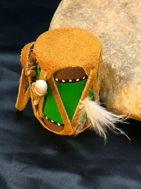 Navajo Leather Drum Car Charm | 2" Mirror Dangler | Handmade Miniature | 8923