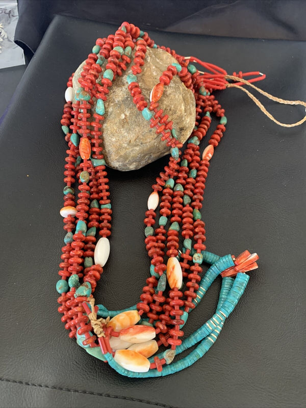 Southwestern Santo Domingo Red Coral Green Turquoise 5-Strand Jacla Necklace | 36" | Native American Handmade | 12053