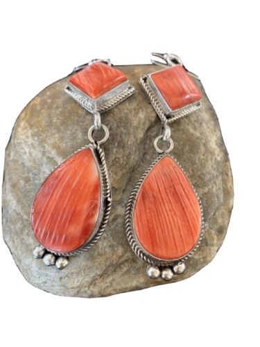 Navajo Red Spiny Oyster Dangle Earrings | Sterling Silver | Authentic Native American Handmade | 203