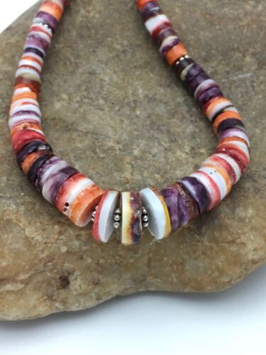 Orange Purple Spiny Oyster Necklace | Navajo Sterling Silver | Authentic Native American Jewelry | 20"