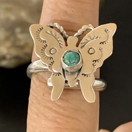 Navajo Blue Turquoise Butterfly Ring | Sterling Silver | Sz Adj 8 | Authentic Native American Handmade | 10340