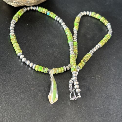 Navajo Green Turquoise Pendant Necklace | Sterling Silver | 22" | Authentic Native American Handmade | 14612