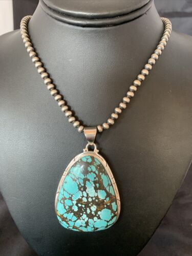 Men's Navajo Pearl Necklace with Blue Spiderweb Turquoise Pendant | Sterling Silver | 10532