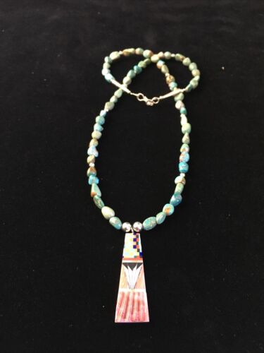 Authentic Native American Navajo Sterling Silver Necklace with Green Turquoise Inlay Pendant | 25" | 1751