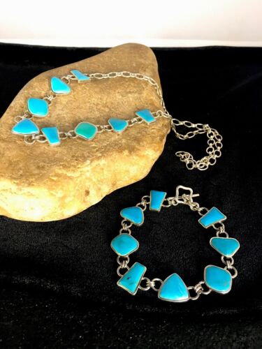 Navajo Sterling Silver Inlay Blue Turquoise Necklace & Bracelet Set | Old Pawn Jewelry | Authentic Native American Handmade | 8741