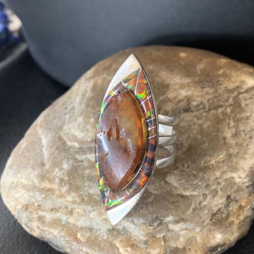 Navajo Sterling Silver Opal Inlay Ring with Amber | Sz 9 | Authentic Native American Handmade | Pomellato | 12849