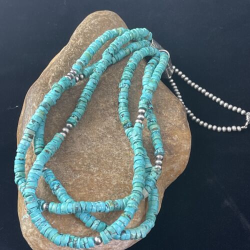 Navajo Turquoise Heishi Necklace | Sterling Silver 3 Strand 7mm | 24" | Authentic Native American Handmade | 01769