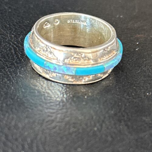 Navajo Blue Turquoise Opal Inlay Eternity Band Ring | Sterling Silver | Sz 6.5 | 14543
