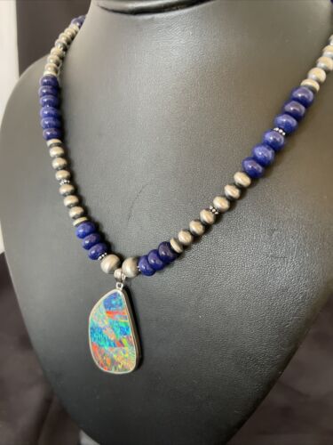 Men's Sterling Silver Necklace | Blue Lapis Bead | Opal Inlay Pendant | 10583
