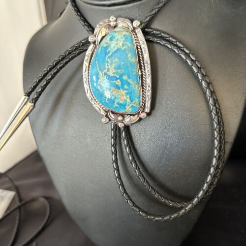 Navajo Blue Kingman Turquoise Bolo Tie | Sterling Silver | Authentic Native American Handmade | 14253