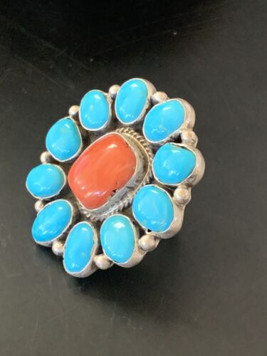 Navajo Blue Kingman Turquoise and Coral Cluster Ring | Authentic Native American Sterling Silver | Multi-Stone | Sz 7.5 | 11530