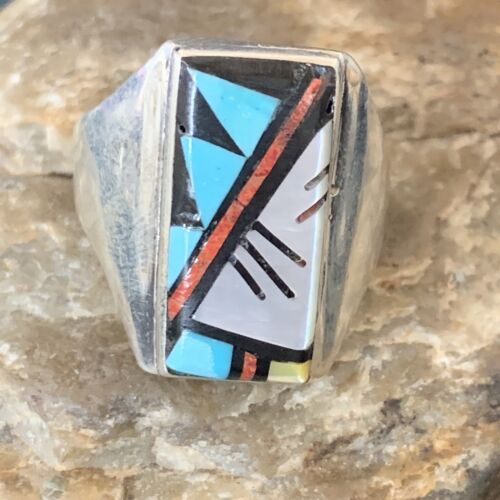 Navajo Mens Native American Blue Turquoise Sterling Silver Ring Inlay Size 15 online