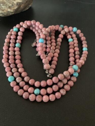 Navajo Turquoise Rhodochrosite Necklace | Sterling Silver | 3 Strand | Authentic Native American Handmade | 01993