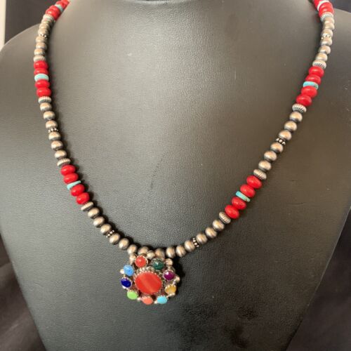 Southwestern Navajo Multi-Stone Necklace | Sterling Silver Coral & Turquoise Pendant | 21" | 12580