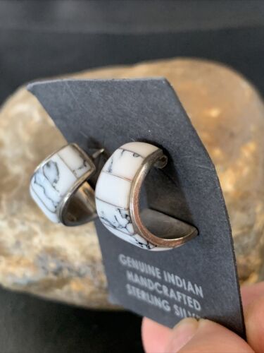 Navajo White Buffalo Turquoise Inlay Earrings | Sterling Silver | 0.5" | Authentic Native American Handmade | 12996