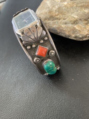 Vintage Navajo Sterling Silver Watch Tips | Old Pawn Turquoise & Coral Band | Authentic Native American Jewelry | 1438