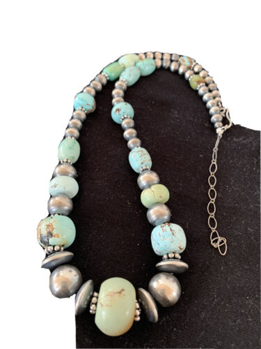 Sterling Silver Navajo Pearls Necklace | Dry Creek Turquoise Beads | Native American Handmade |21" | 01387
