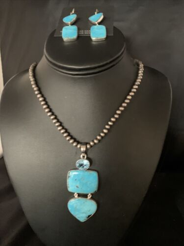 Navajo Blue Topaz Turquoise Necklace Earrings Set | Sterling Silver | 3" Pendant | Authentic Native American Handmade | 14098
