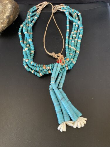 Native American Santo Domingo Spiny Blue Turquoise Shell Jacla Necklace | 5 Strand | 32" | 13192