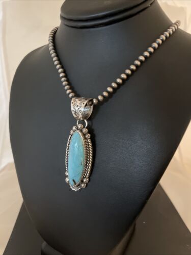 Men's Blue Kingman Turquoise Pendant | Navajo Pearls Sterling Silver Necklace | Authentic Native American Handmade | 01071