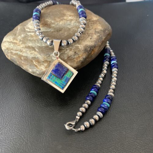 Men's Navajo Blue Lapis Turquoise Opal Inlay Pendant Necklace | Sterling Silver | 21" | 12607