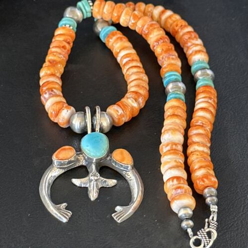 Navajo Blue Turquoise Spiny Oyster Naja Pendant Necklace | Sterling Silver | 18" | Authentic Native American Handmade | 14810 - Masha USA