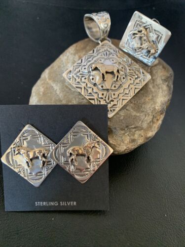 Navajo Sterling Silver & Brass Horse Pendant Earrings Ring Set | Sz 12 | Authentic Native American Handmade | 1212