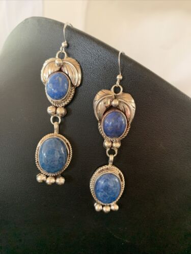 Native American Navajo Denim Lapis Dangle Earrings | Sterling Silver | 2" | 1682