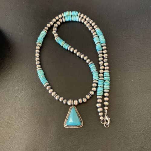 Men's Blue Turquoise Pendant Necklace | Navajo Pearls | Sterling Silver | Native American Handmade | 12616