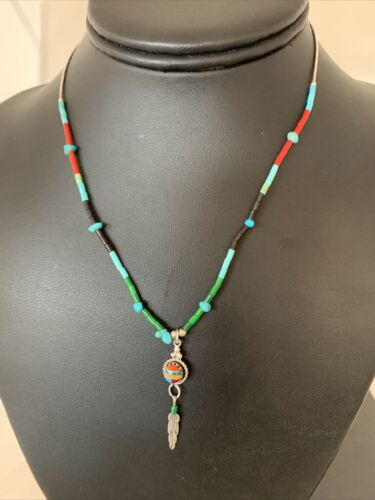 Girls Multi-Color Liquid Silver Heishi Pendant | Inlay | Sterling Silver Leaf Inlay | 02047