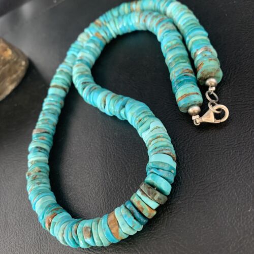 Men's Navajo Blue Turquoise Heishi Bead Necklace | Sterling Silver | 20" | Authentic Native American Handmade | 13522