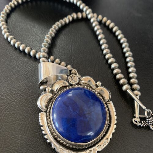 Native American Navajo Blue Lapis Pendant Necklace | Sterling Silver | Authentic Handmade | 11677 - Masha USA