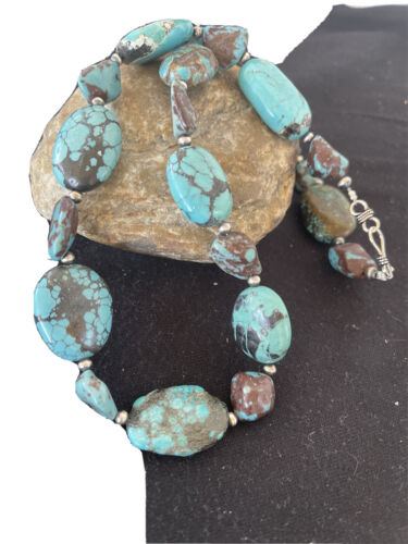 Navajo Chunky Turquoise #8 Necklace | Sterling Silver Pearls | Authentic Native American Handmade | 22" | 1242