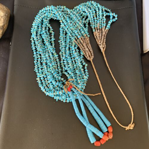 Native American Santo Domingo Blue Turquoise Coral Necklace | 10 Strand | 38" | 13178 - Masha USA