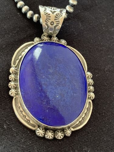 Men's Lapis Lazuli Pendant | Navajo Pearls Sterling Silver Necklace | Authentic Native American Handmade | 1282