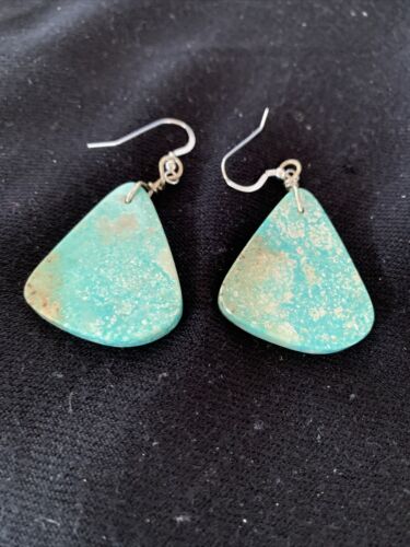 Southwestern Navajo Slab Turquoise Dangle Earrings | Sterling Silver | Authentic Native American Handmade | 1323