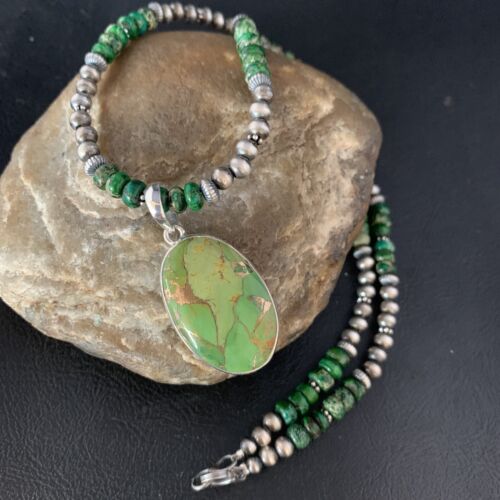Navajo Women's Green Mojave Turquoise Pendant Necklace | Sterling Silver | 21" | Native American Jewelry | 13464