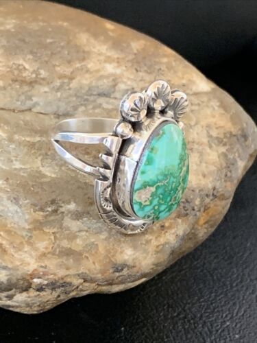 Women's Navajo Green Sonoran Turquoise Ring | Sterling Silver | Sz 9.5 | Authentic Native American Handmade | 10419