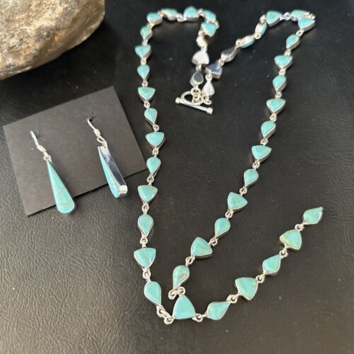 Navajo Kingman Turquoise Lariat Necklace & Earrings Set | Sterling Silver | 24" Necklace | Authentic Native American Handmade | 14646
