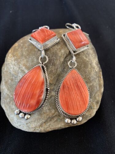 Navajo Red Spiny Oyster Dangle Earrings | Sterling Silver | Authentic Native American Handmade | 203
