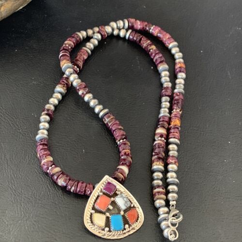Navajo Multi-Color Multi-Stone Pendant | Authentic Native American Sterling Silver | Purple Spiny Oyster Necklace | 12356