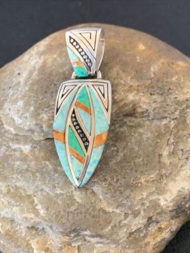 Navajo Spiny White Green Opal Inlay Pendant | Sterling Silver | Authentic Native American Handmade | 12482