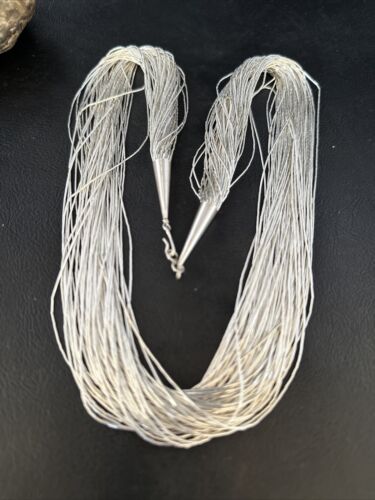 Liquid Heishi Necklace | 50 Strands Sterling Silver | 28" Silver Tubes | Authentic Native American Handmade | 14707