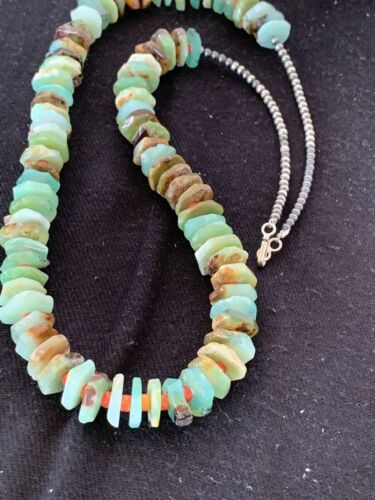 Navajo Green Chrysoprase Spiny Oyster Necklace | Sterling Silver | Authentic Native American Handmade | 24" | 00512